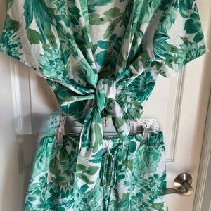 Floral Green Tie-Front Top and Shorts Set